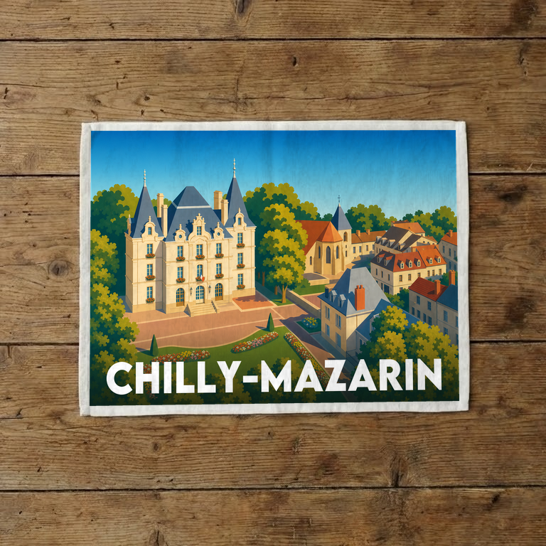 Torchon souvenir de la ville de Chilly-Mazarin avec une illustration stylisée.