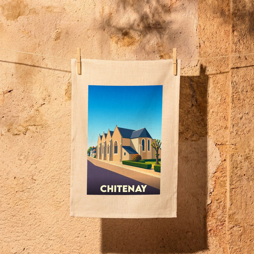 Torchon souvenir de la ville de Chitenay orné d'une illustration stylisée de son église.