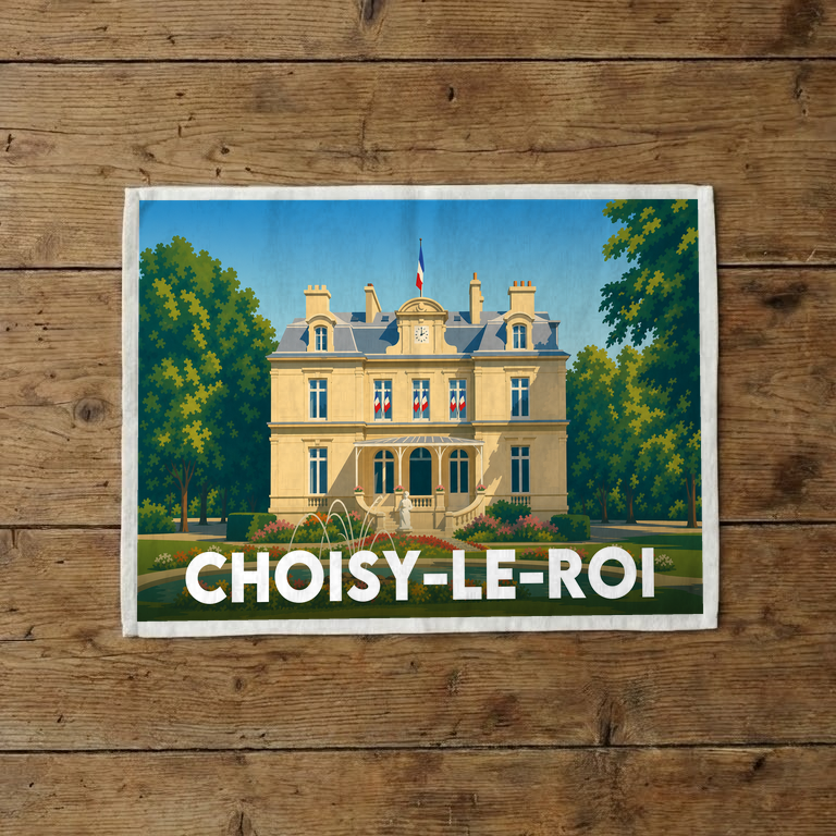 Torchon souvenir de la ville de Choisy-le-Roi avec une illustration stylisée d'un bâtiment classique.