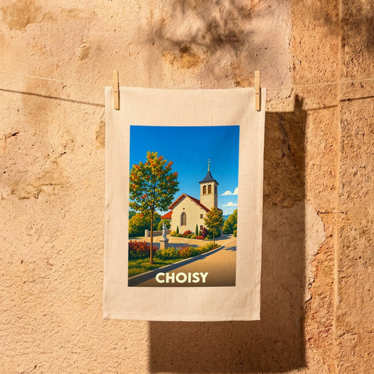 Torchon souvenir de la ville de Choisy orné d'une illustration stylisée de son église.