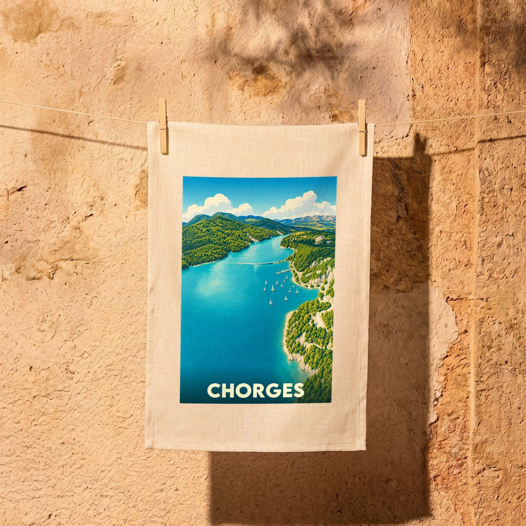 Torchon souvenir de la ville de Chorges illustré d'un paysage de lac et de montagnes.