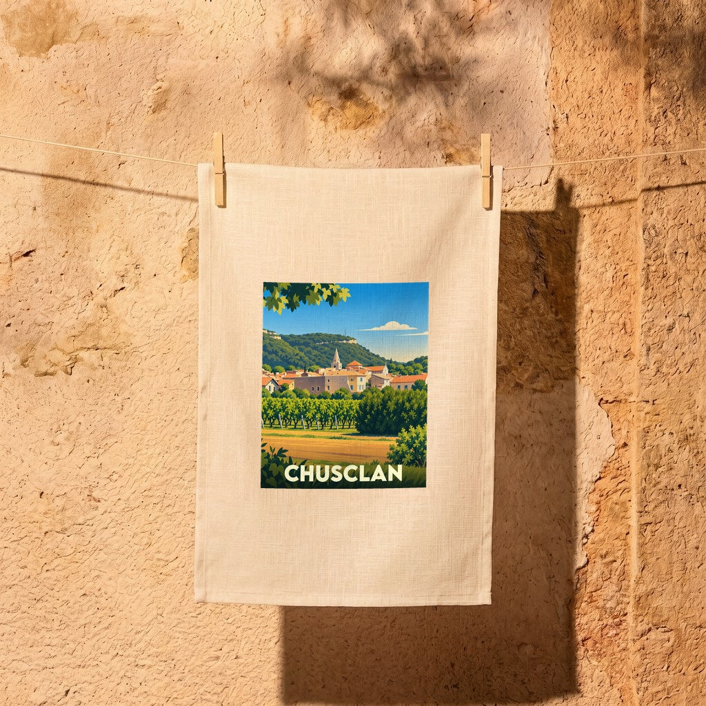 Torchon souvenir de la ville de Chusclan avec une illustration stylisée de son paysage provençal.