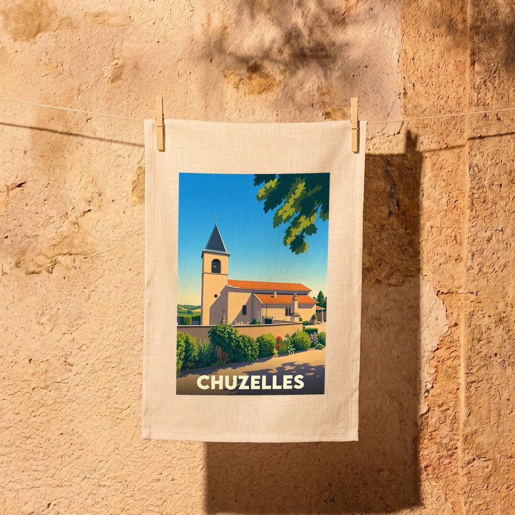 Torchon souvenir de la ville de Chuzelles illustré d'une église sous un ciel bleu.