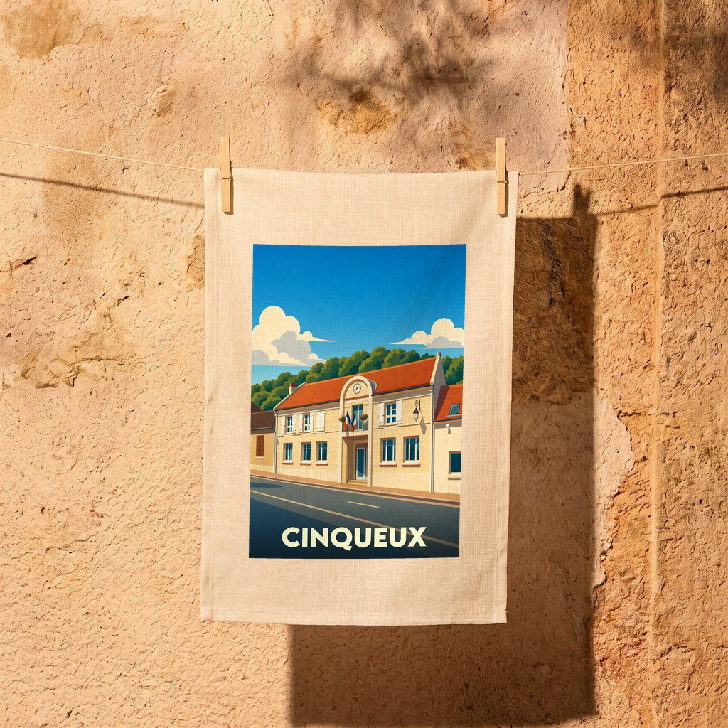 Torchon souvenir de la ville de Cinqueux avec une illustration stylisée de sa mairie.