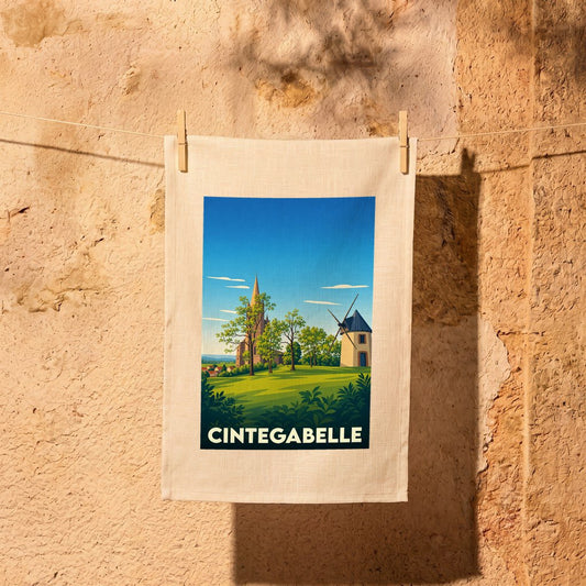 Torchon souvenir de la ville de Cintegabelle illustré par un paysage stylisé avec église et moulin.