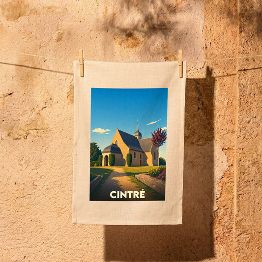 Torchon souvenir de la ville de Cintré avec une illustration stylisée d'une église locale.