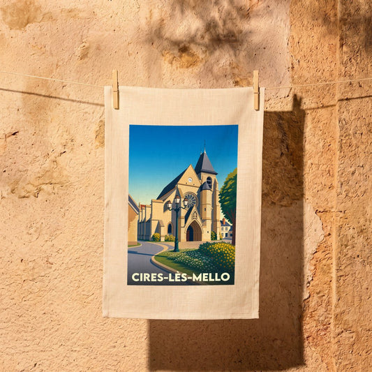 Torchon souvenir de la ville de Cires-lès-Mello avec une illustration stylisée de son église.