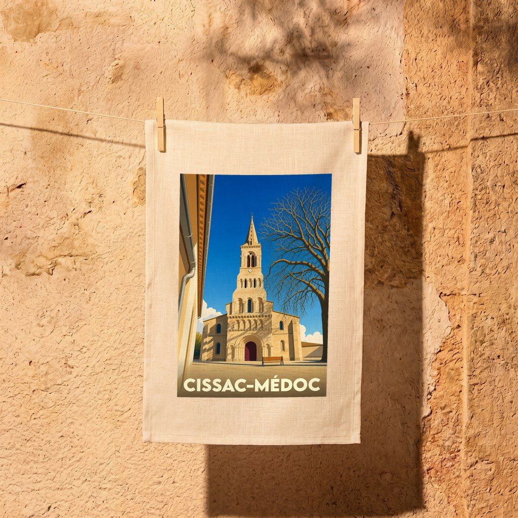 Torchon souvenir de la ville de Cissac-Médoc avec une illustration stylisée de son église.