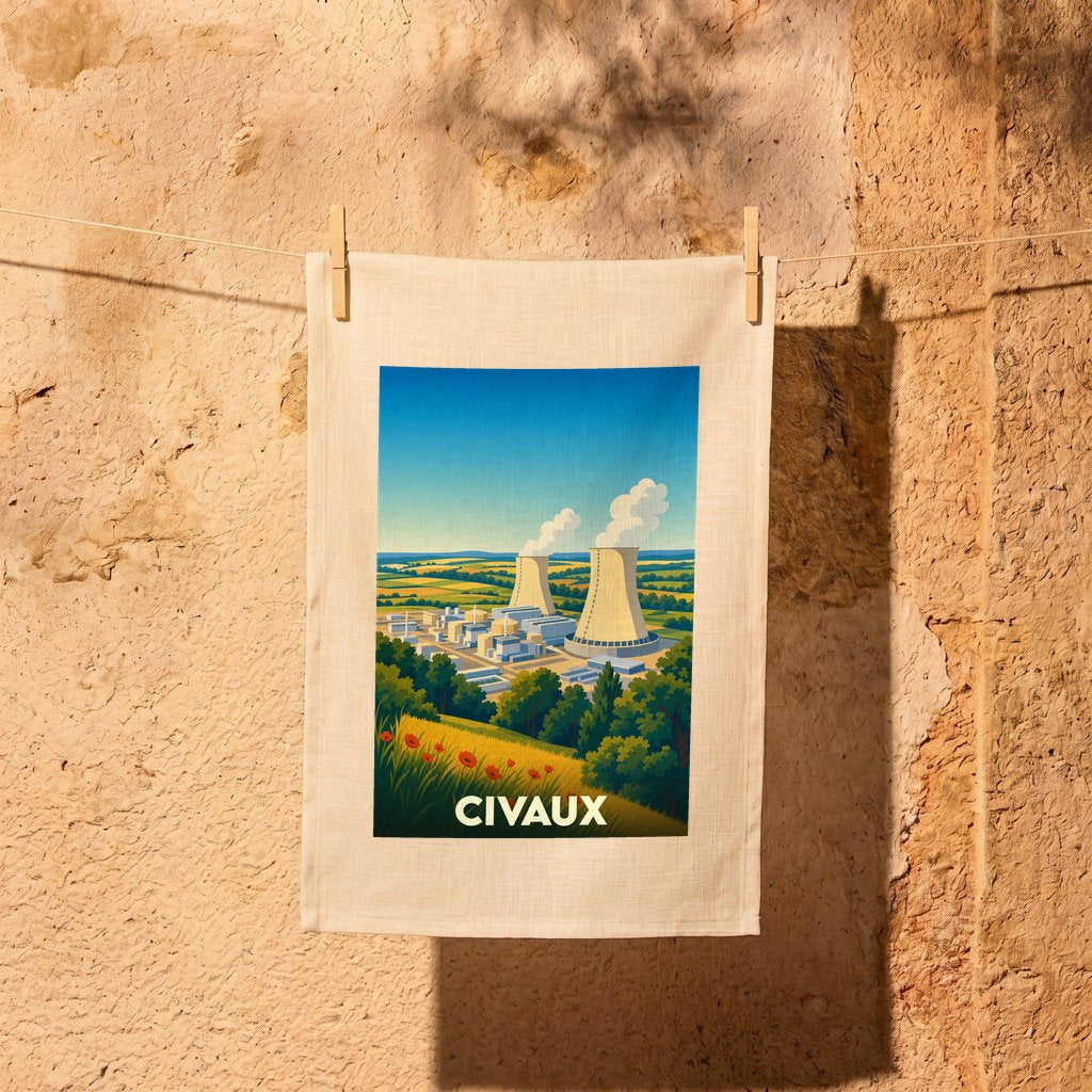 Torchon souvenir de la ville de Civaux illustré d'un paysage stylisé de sa centrale nucléaire.