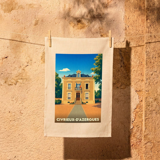 Torchon souvenir de la ville de Civrieux-d'Azergues avec une illustration stylisée de sa mairie.