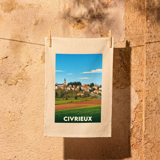 Torchon souvenir de la ville de Civrieux avec une illustration stylisée de son paysage champêtre.