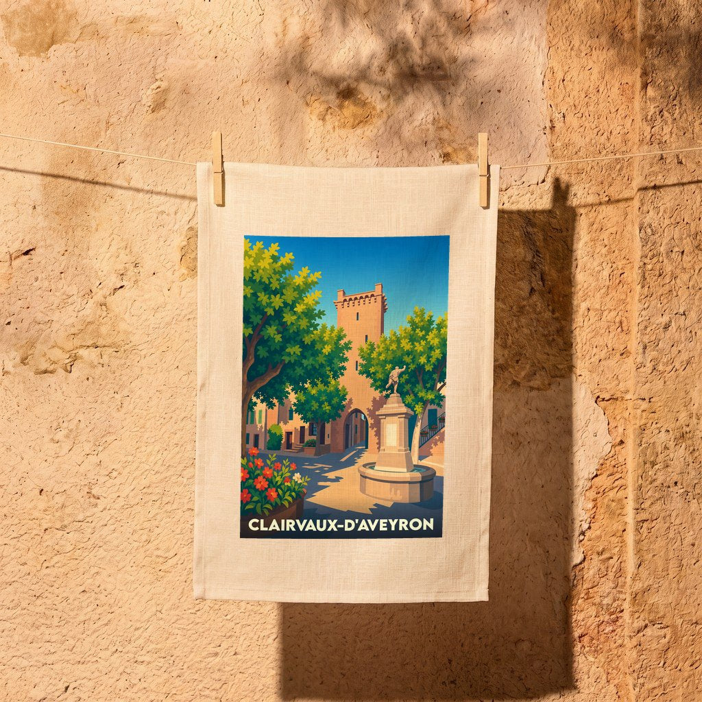 Torchon souvenir de la ville de Clairvaux-d'Aveyron orné d'une illustration stylisée de son centre historique.
