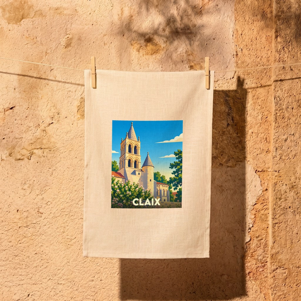 Torchon souvenir de la ville de Claix avec une illustration stylisée de son église romane.