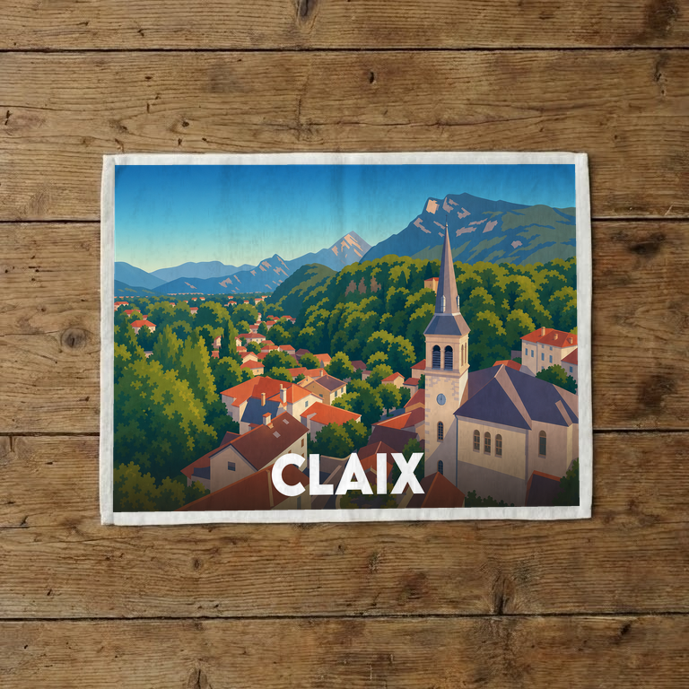 Torchon souvenir de la ville de Claix orné d'une illustration stylisée de son paysage et de son église.