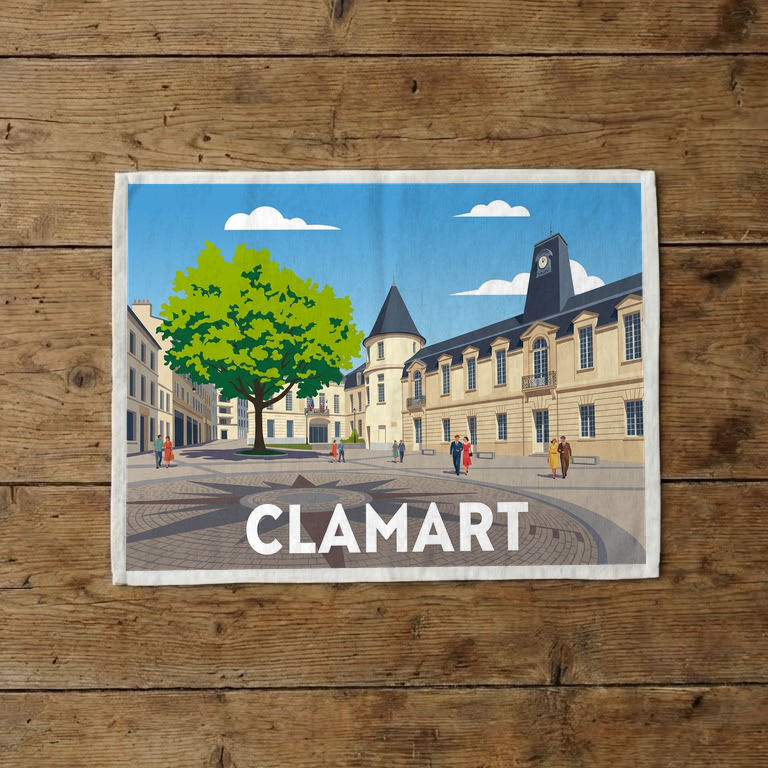 Torchon souvenir de la ville de Clamart avec une illustration stylisée de sa place centrale.