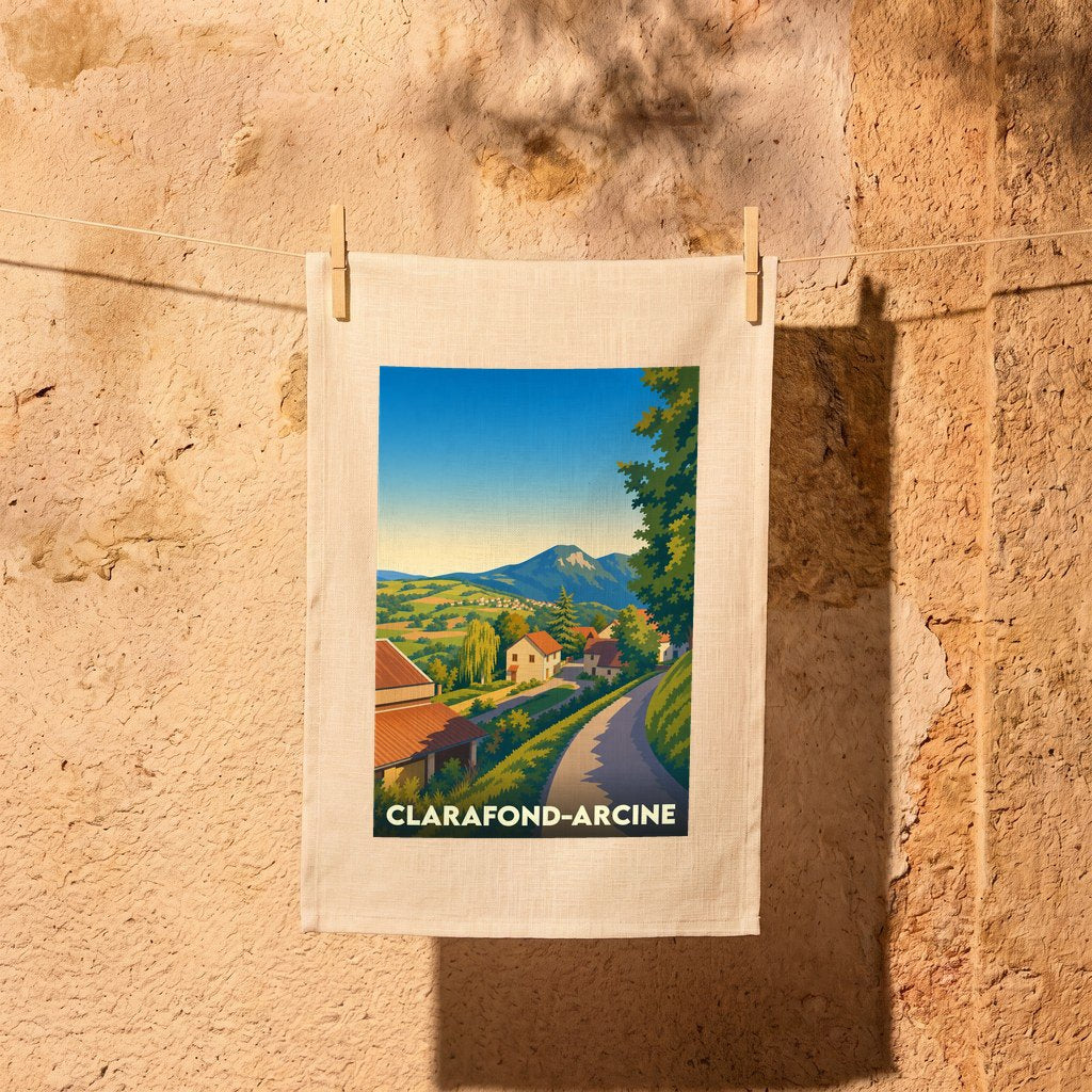 Torchon souvenir de la ville de Clarafond-Arcine avec une illustration stylisée de paysage.