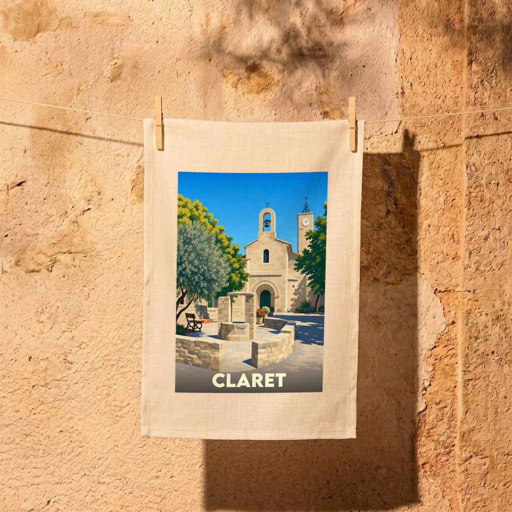 Torchon souvenir de la ville de Claret avec une illustration stylisée d'une place ensoleillée et de son église.