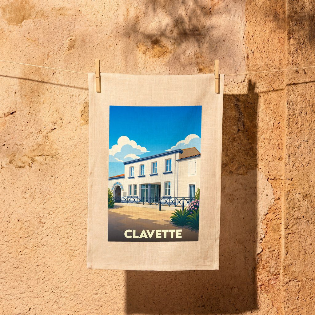 Torchon souvenir de la ville de Clavette orné d'une illustration stylisée de sa mairie.