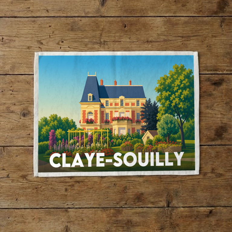 Torchon souvenir de la ville de Claye-Souilly avec une illustration stylisée.