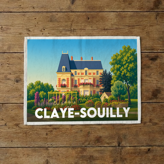 Torchon souvenir de la ville de Claye-Souilly avec une illustration stylisée.