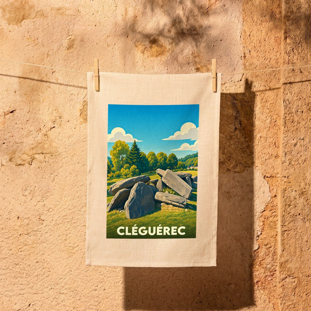 Torchon souvenir de la ville de Cléguérec orné d'une illustration stylisée de mégalithes.