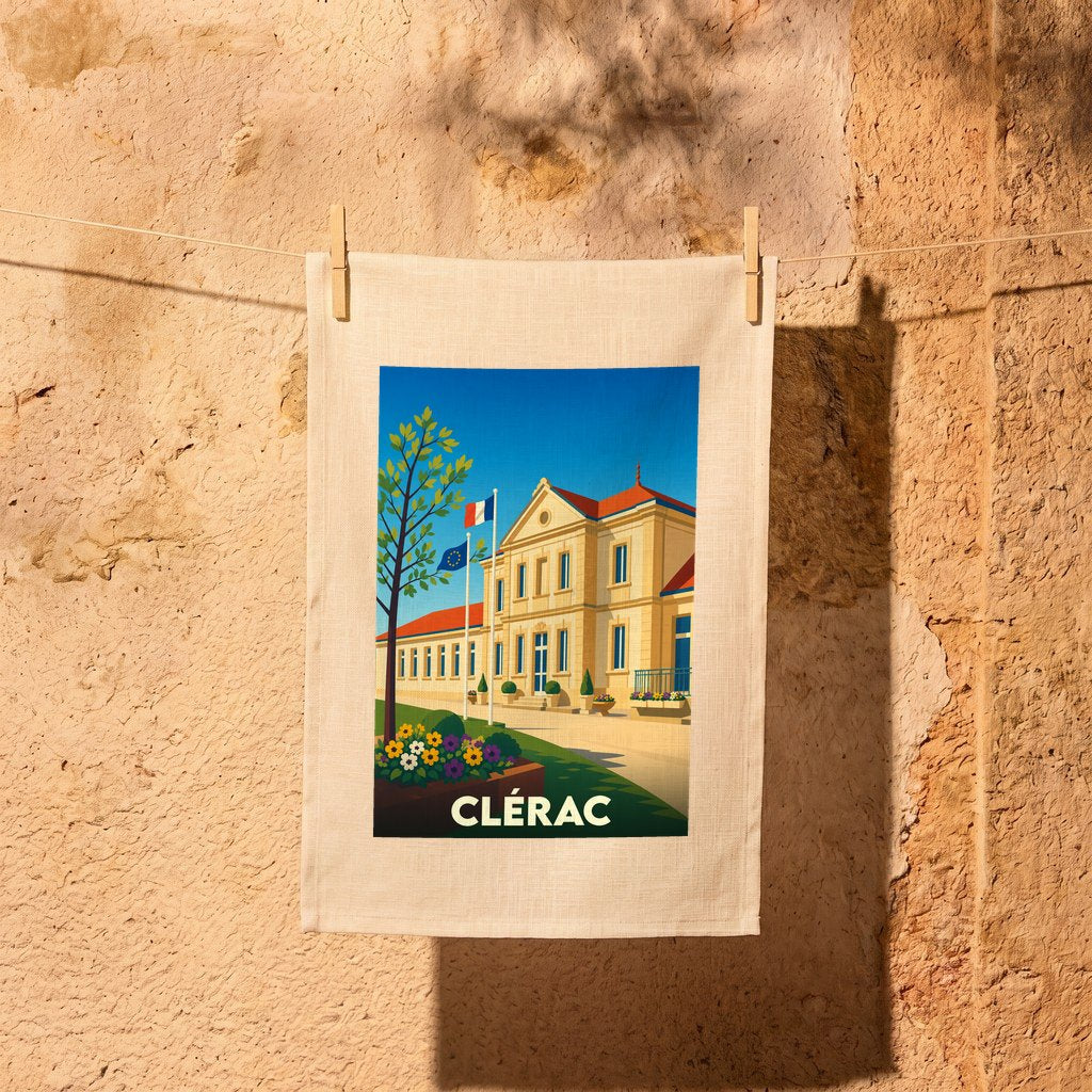 Torchon souvenir de la ville de Clérac avec une illustration stylisée de son hôtel de ville.