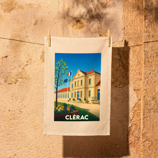 Torchon souvenir de la ville de Clérac avec une illustration stylisée de son hôtel de ville.