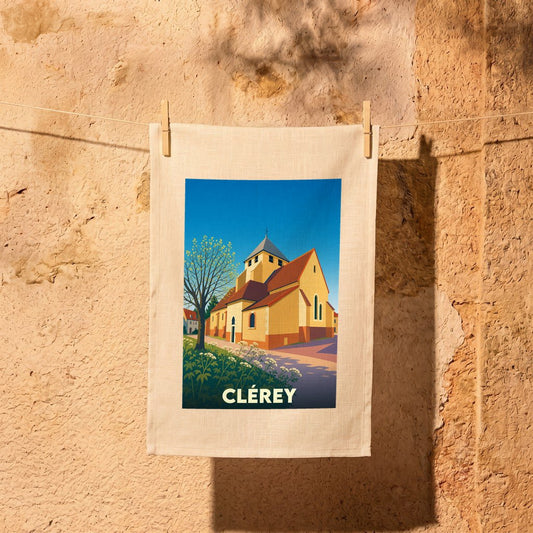 Torchon souvenir de la ville de Clérey avec une illustration stylisée de son église.