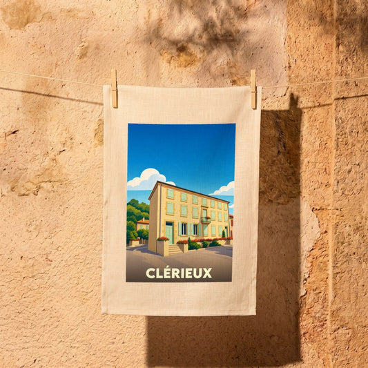 Torchon souvenir de la ville de Clérieux illustré par une maison provençale stylisée.
