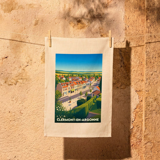 Torchon souvenir de la ville de Clermont-en-Argonne avec une illustration stylisée.