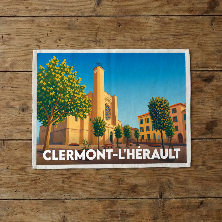 Torchon souvenir de la ville de Clermont-l'Hérault avec une illustration stylisée de sa place et de son église.