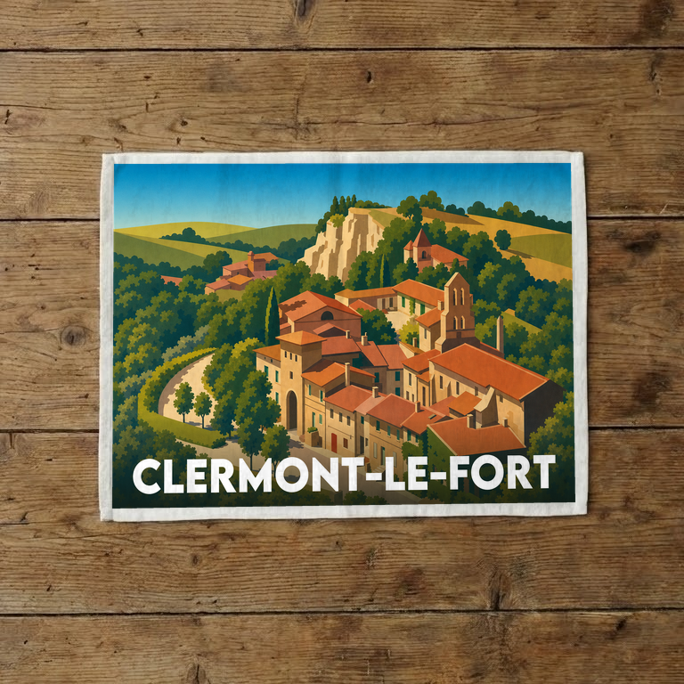 Torchon souvenir de la ville de Clermont-le-Fort avec une illustration stylisée.