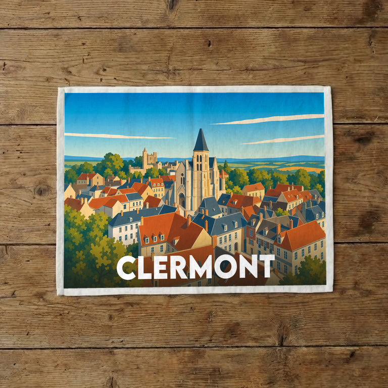Torchon souvenir de la ville de Clermont avec une illustration stylisée de son architecture.