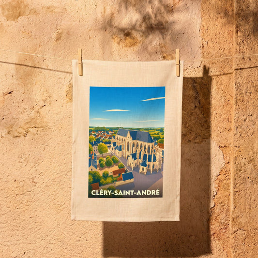 Torchon souvenir de la ville de Cléry-Saint-André avec une illustration stylisée de sa basilique.