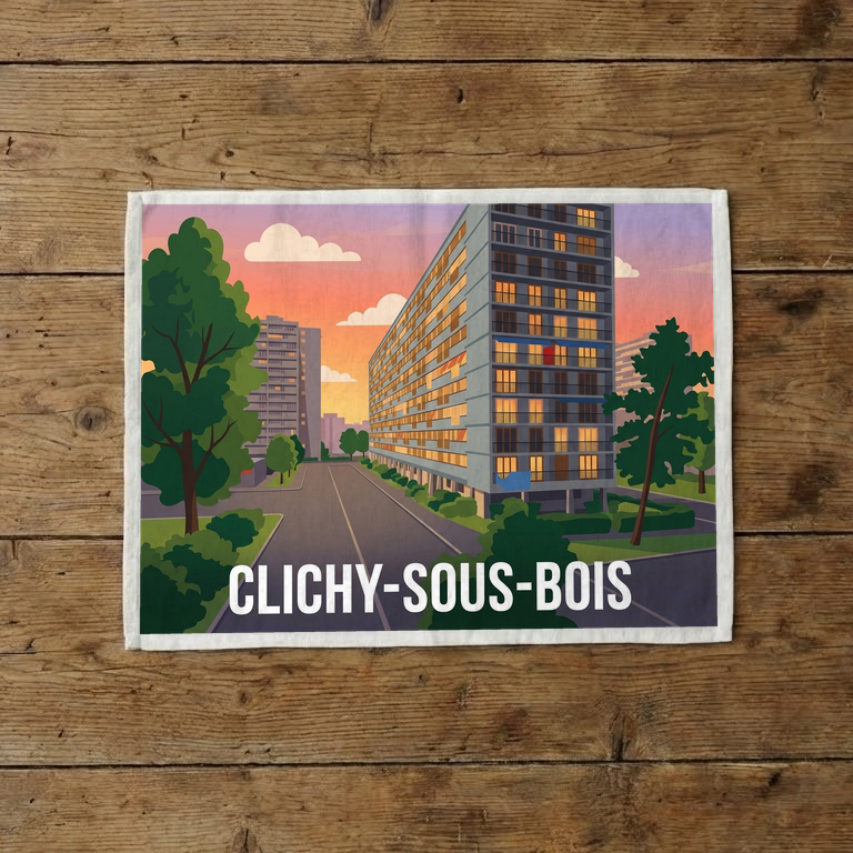 Torchon souvenir de la ville de Clichy-sous-Bois avec une illustration stylisée de son paysage urbain.