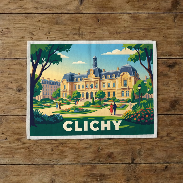Torchon souvenir de la ville de Clichy avec une illustration colorée et stylisée.