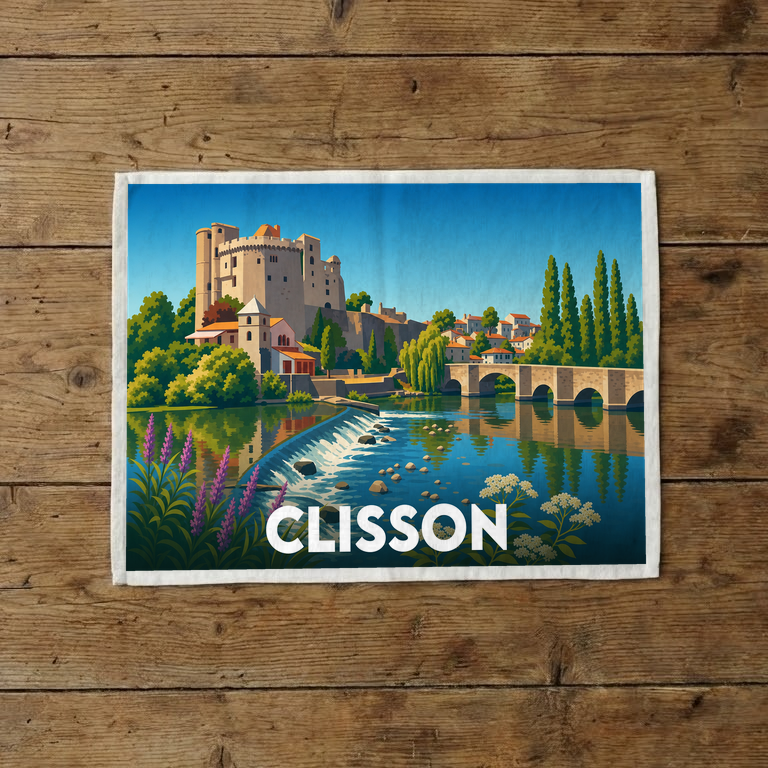 Torchon souvenir de la ville de Clisson illustré d'un paysage stylisé représentant son château médiéval et son pont sur la Sèvre.