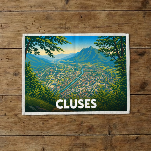 Torchon souvenir de la ville de Cluses avec une illustration stylisée de son paysage de montagne.