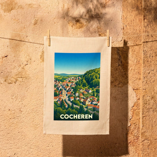 Torchon souvenir de la ville de Cocheren avec une illustration stylisée et colorée.