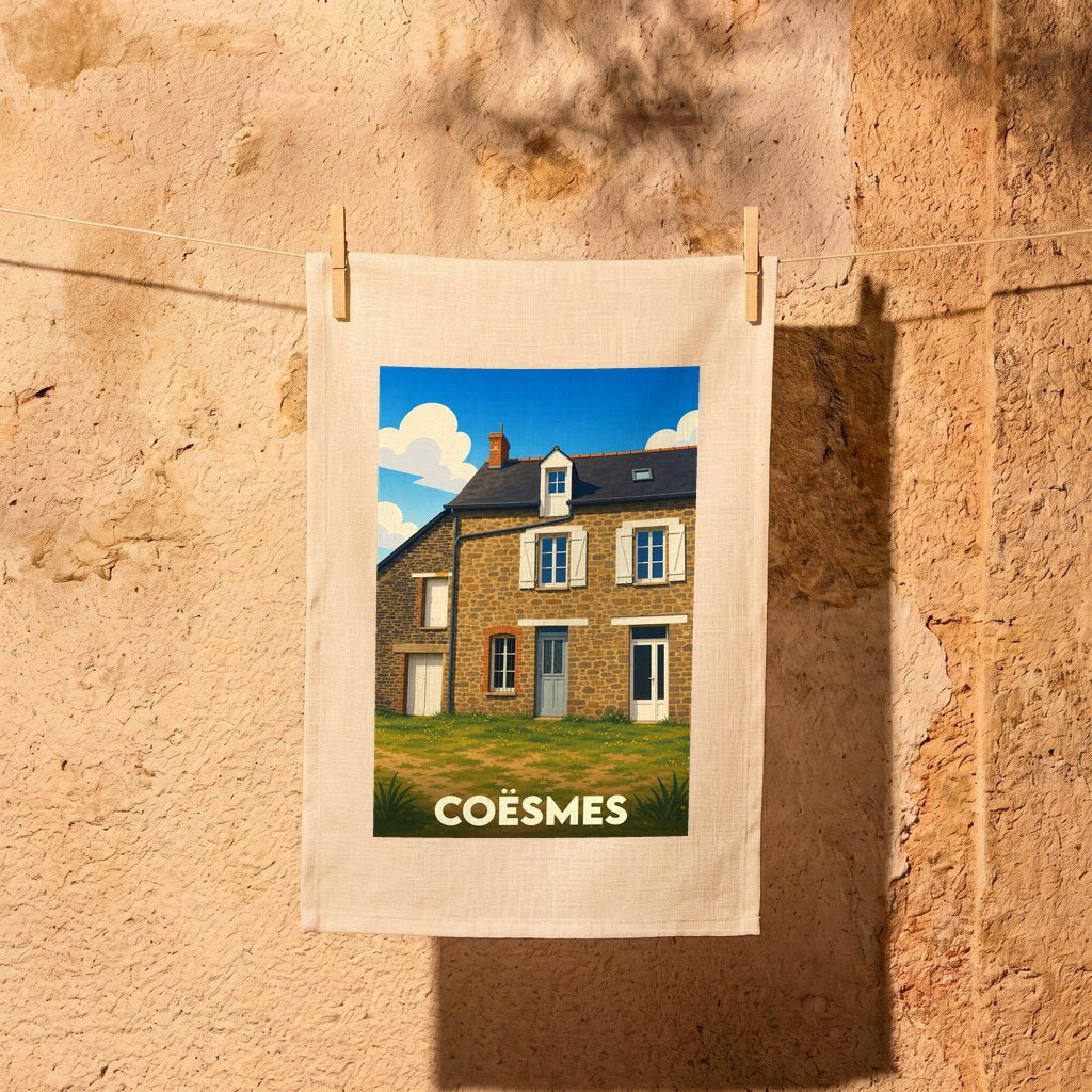 Torchon souvenir de la ville de Coësmes avec une illustration stylisée d'une maison traditionnelle en pierre.