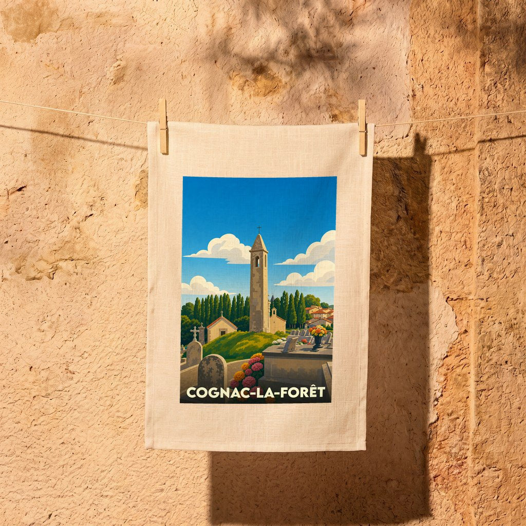 Torchon souvenir de la ville de Cognac-la-Forêt avec une illustration stylisée d'un clocher et de son cimetière.