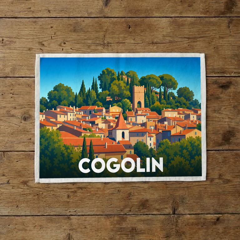 Torchon souvenir de la ville de Cogolin présentant une illustration stylisée et colorée de ses paysages provençaux.