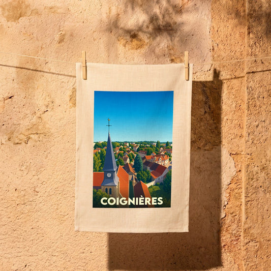 Torchon souvenir de la ville de Coignières avec une illustration stylisée d'un clocher et de toits en terre cuite.
