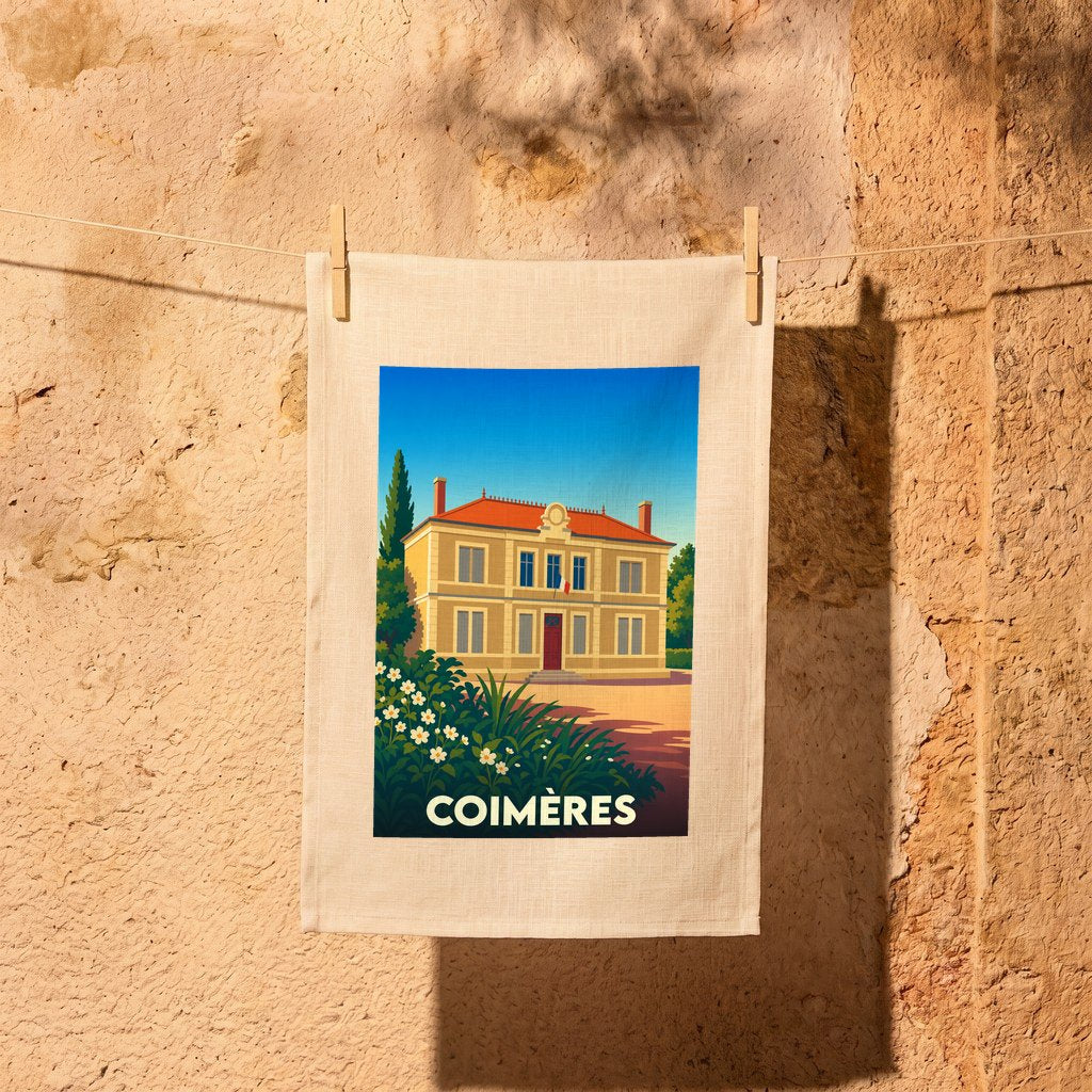 Torchon souvenir de la ville de Coimères avec une illustration stylisée de sa mairie.