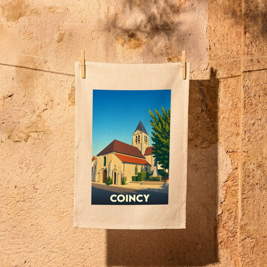Torchon souvenir de la ville de Coincy orné d'une illustration stylisée de son église.