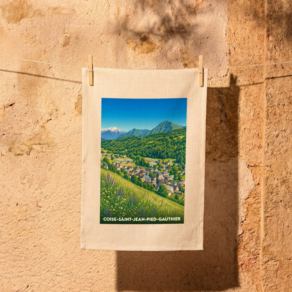 Torchon souvenir de la ville de Coise-Saint-Jean-Pied-Gauthier avec une illustration stylisée de paysages montagneux.