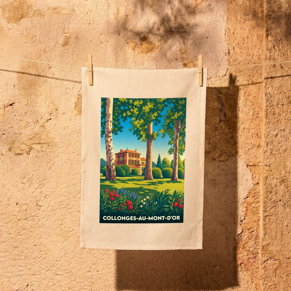 Torchon souvenir de la ville de Collonges-au-Mont-d'Or avec une illustration stylisée.