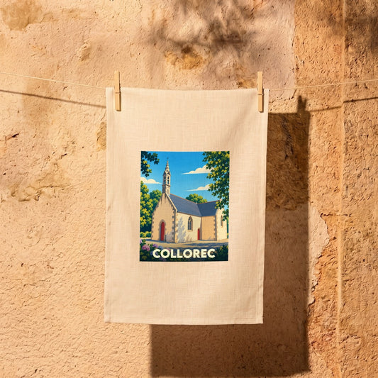 Torchon souvenir de la ville de Collorec avec une illustration stylisée de sa chapelle.
