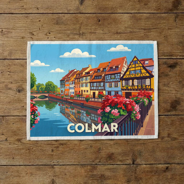 Torchon souvenir de la ville de Colmar avec une illustration stylisée de ses maisons colorées au bord de l'eau.