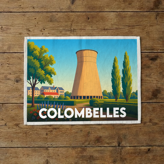 Torchon souvenir de la ville de Colombelles illustré d'un style rétro mettant en scène sa tour emblématique.